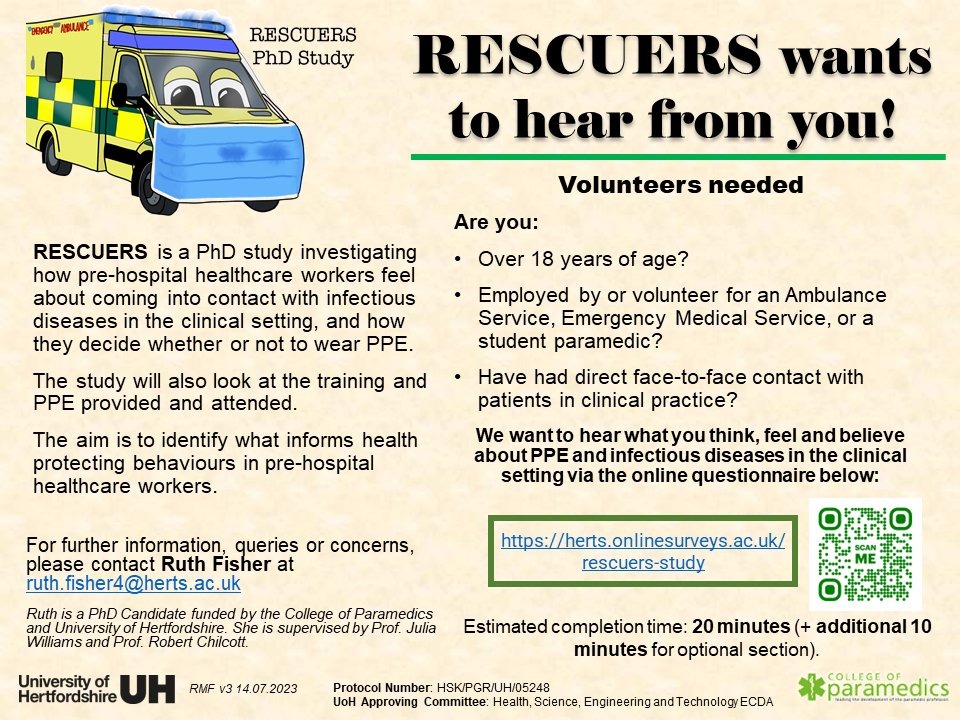 Ruth Fisher (@ruthf_mcpara) on Twitter photo 🚑 Volunteers needed 🚑
Do you work for an Ambulance Service or Emergency Medical Service (including students)?
Have you had direct contact with patients in practice?
Then we want to hear from you!!
herts.onlinesurveys.ac.uk/rescuers-study
#ambulance #paramedics <a href="/ParamedicsUK/">College of Paramedics</a> 🚑 Volunteers needed 🚑
Do you work for an Ambulance Service or Emergency Medical Service (including students)?
Have you had direct contact with patients in practice?
Then we want to hear from you!!
herts.onlinesurveys.ac.uk/rescuers-study
#ambulance #paramedics <a href="/ParamedicsUK/">College of Paramedics</a>