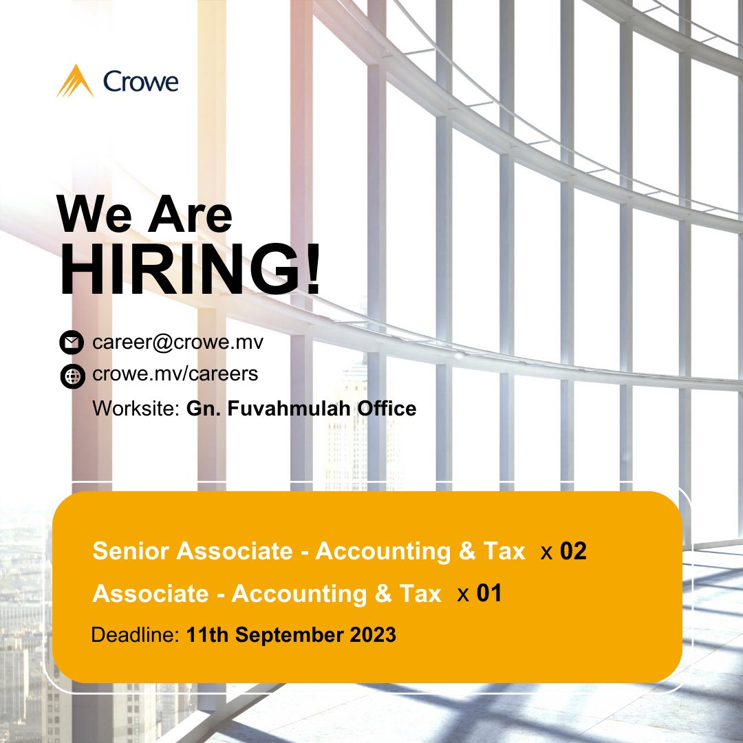 Passionate about numbers and tax? Join us as we expand our accounting &amp; tax team with Senior Associates and Associates!

Learn more about the job openings: crowe.com/mv/careers/job…
 
#crowemv #wearecrowe #smartdecisionslastingvalue #jobopenings #wearehiring #accounting #tax