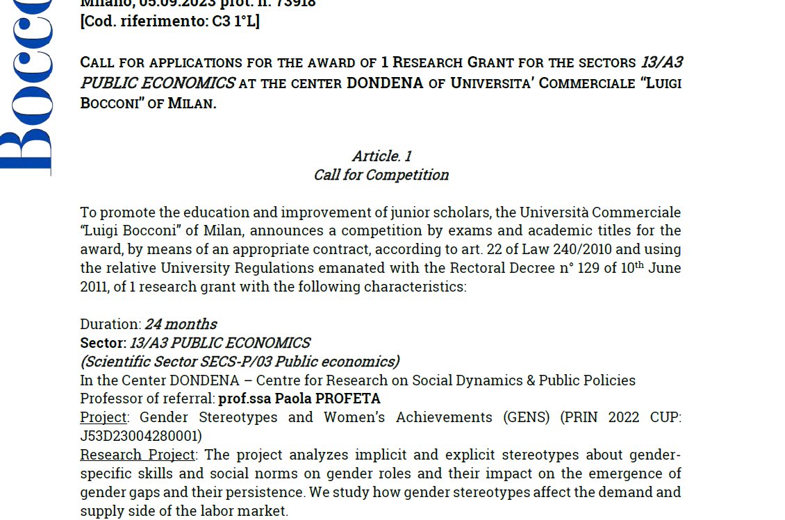 One post-doc position for a project on gender economics <a href="/AxaGenderLab/">AXA Research Lab on Gender Equality</a> <a href="/DondenaCentre/">Dondena Centre</a> <a href="/Unibocconi/">Università Bocconi</a> apply here  shorturl.at/arwT6
Come to work with us!