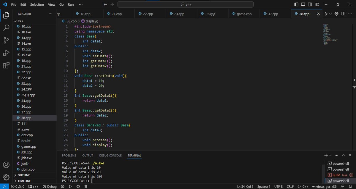 JOELVICTOR84872's tweet image. Day26 of #365DaysOfCode
✅ solved a problem about displaying public data and securing the private data using single level inheritance.
#cppprogramming #cpplus #dailycoding #codewithharry
