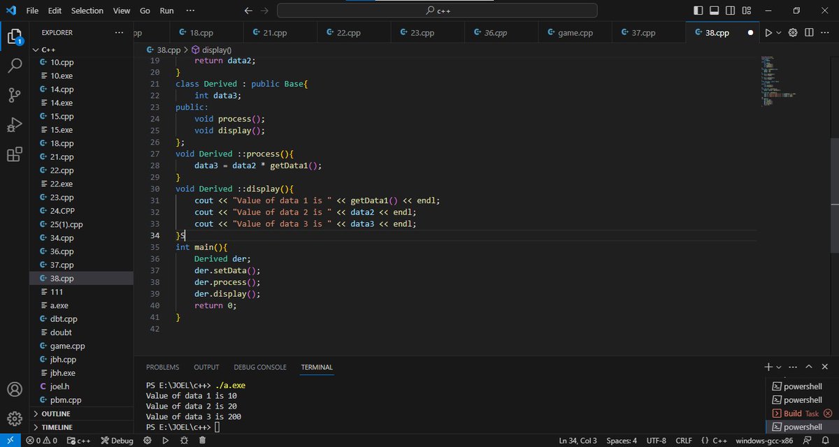 JOELVICTOR84872's tweet image. Day26 of #365DaysOfCode
✅ solved a problem about displaying public data and securing the private data using single level inheritance.
#cppprogramming #cpplus #dailycoding #codewithharry