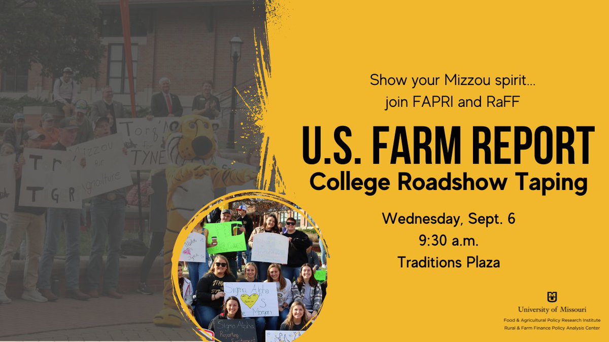 RaFFfinance's tweet photo. 🚨TOMORROW🚨

Join @BecksHybrids, @cafnr, @FAPRI_MU and RaFF for the @USFarmReport at Mizzou.

@Tyne_Ag will be discussing #agpolicy + markets with @MUScottBrown, @WesthoffPat and @BenBrownMU. Student orgs should come with their best #Mizzou spirit! https://t.co/MM7niuNfKu