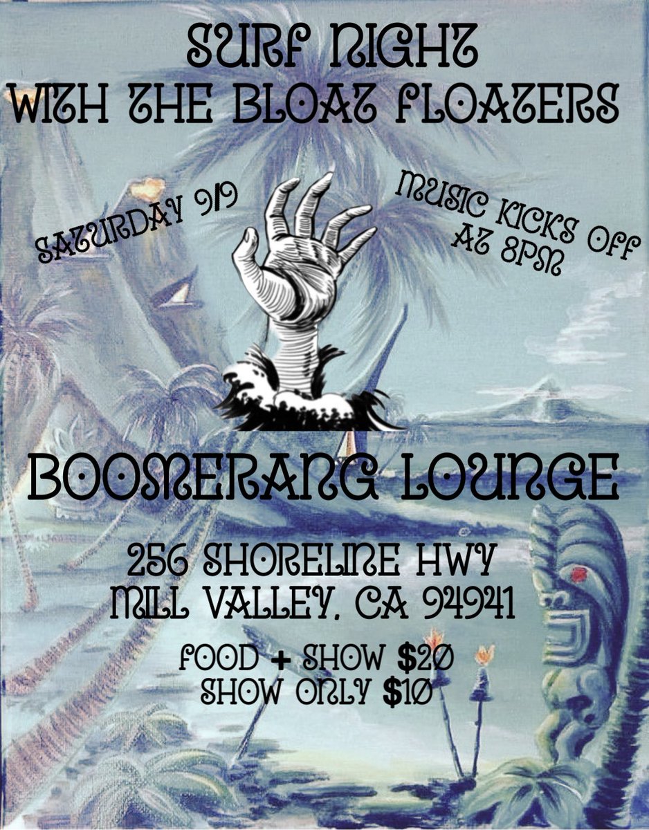 This Saturday: Surf night w/ The Bloat Floaters @ Boomerang Lounge . Jams kick off at 8pm. #Surf #SurfMusic #SurfPunk #Lofi #LiveShows #Concert #Music #FYP #Reverb #supportmusicians #Live #TheBloatFloaters
