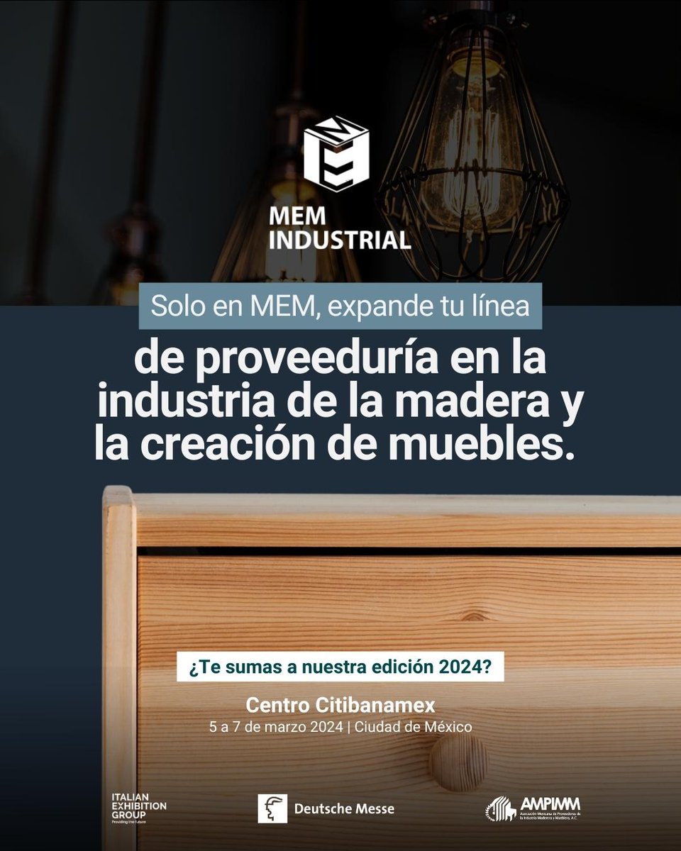 MEM_Industrial's tweet photo. 🏭🪑 ¡Amplía tus #horizontes en la industria de la madera y muebles con MEM Industrial 2024!

En un solo lugar encontrarás todo lo que necesitas para potenciar tu línea de proveeduría. #Madera, maquinaria, y más a tu alcance🔧🪓.

#MEMIndustrial #Proveeduría #IndustriaMaderera https://t.co/yuV4R0dTPu