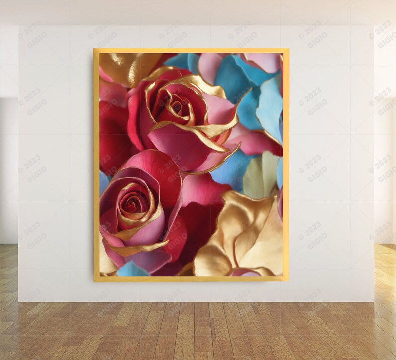 'Red roses/golden floral' by GiGio ❤️ #canvas #wallart #oilpainting #modern #decoration #peinture #Roses @DreamyBoho2 etsy.com/shop/DreamyBoh…