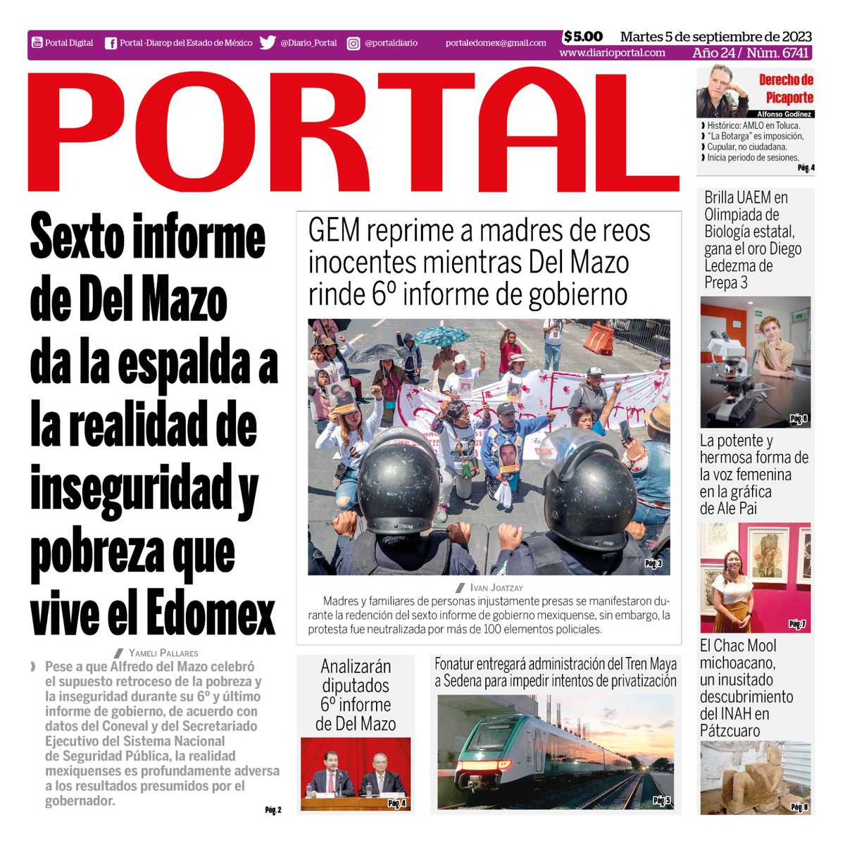 Diario_Portal's tweet photo. 6° informe de Del Mazo da la espalda a la realidad de inseguridad y pobreza que vive el Edomex 📰
GEM reprime a madres de reos inocentes durante el 6° informe de gobierno 📰 
📲 Descarga el PDF de nuestra #EdiciónImpresa 
👉https://t.co/WKyTp7W96m o visita https://t.co/yvWRtgepDN https://t.co/pZSRpigHw6
