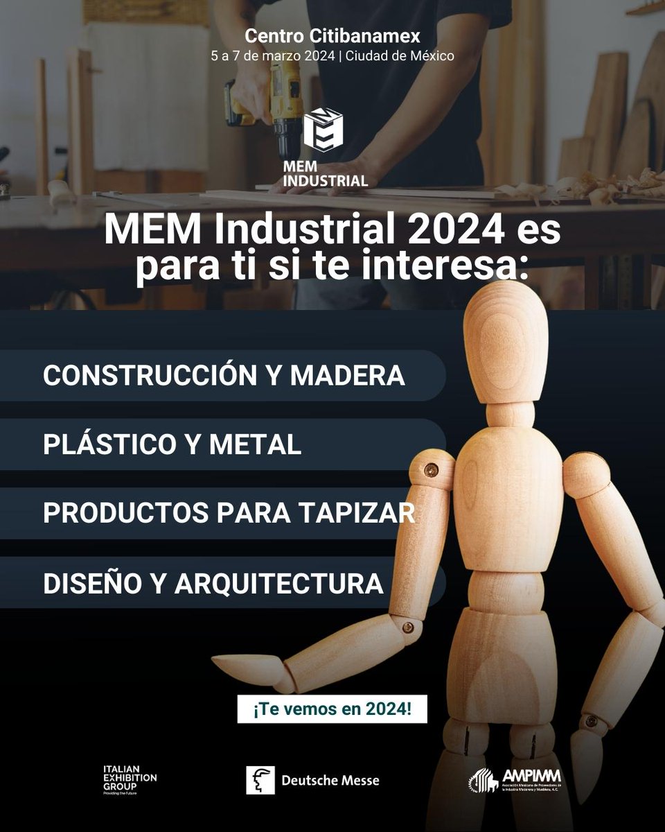 MEM_Industrial's tweet photo. 🏭🔧 MEM Industrial 2024 es para ti si te interesan la:
🪚 Construcción y madera 🌲.
🛠️ Plástico y metal .
🪑 Productos para tapizar 🛋️.
🏛️ Diseño y arquitectura 🏗️.
#Experimenta en un mundo de posibilidades.

#MEMIndustrial2024 https://t.co/WKnuHhYGRy