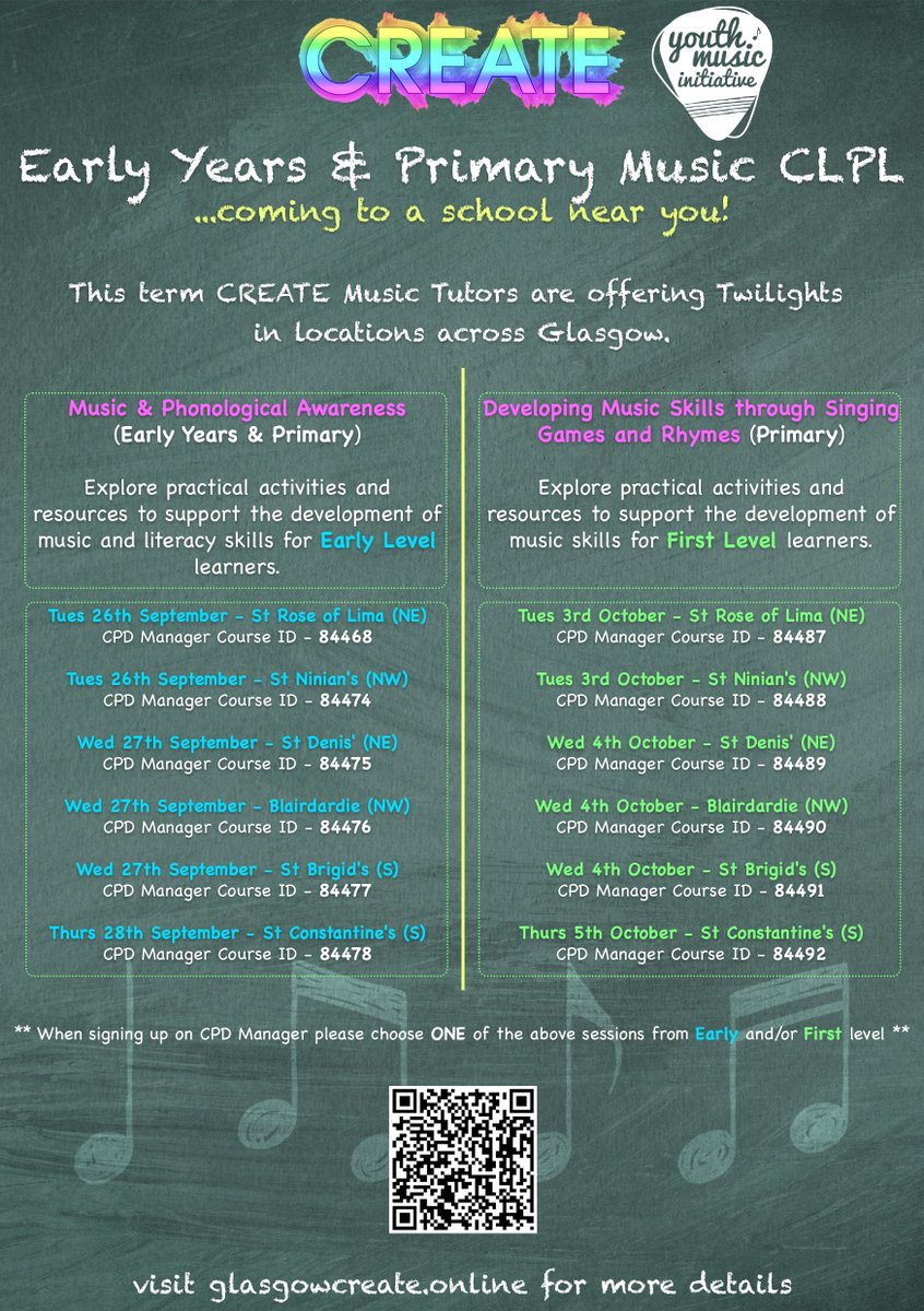 📣 🎶 We have some great Early Years & Primary Music CLPL opportunities coming up. Available to book now on CPD Manager. @EdISGlasgow @GCCLeadLearn @gccearlycareer @GCCProbationers @Doug_GCC #ymiscotland