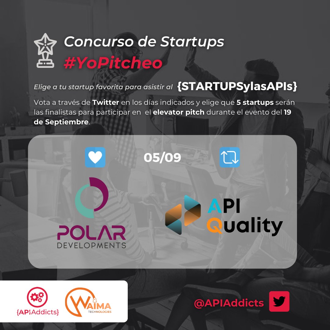 Concurso de Startups #YoPitcheo 🤼

Vota tu #startup favorita para que asista al #STARTUPSylasAPIs

@polar_dv - Soluciones de ingeniería mecánica con las tecnologías más innovadoras. ¡Vota con un ❤!
<a href="/apiquality_io/">API Quality</a> - Herramienta 360 para implementar API First. ¡Vota con un 🔁!