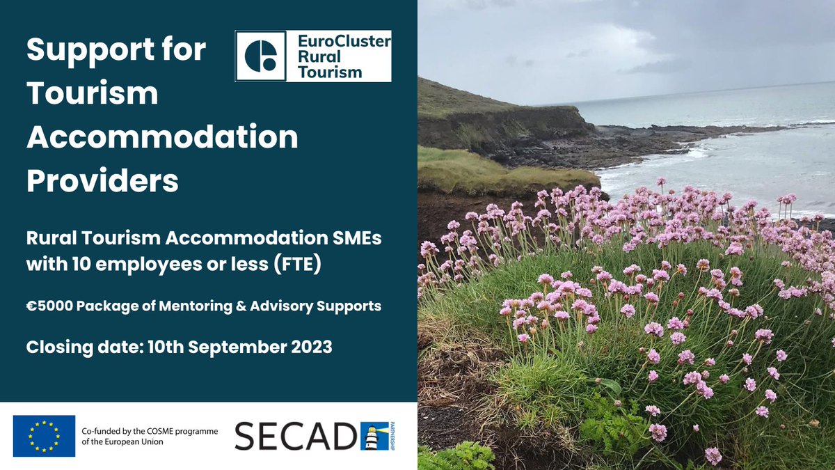 €5000 of mentoring & advisory supports available to rural tourism accommodation SMEs Closing date: 10th September 2023 Full details at tinyurl.com/kbv6br6d