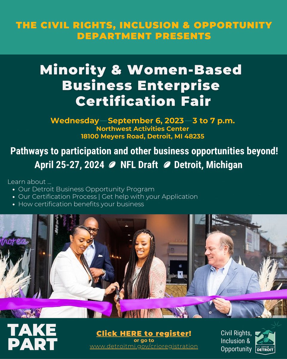 HAPPENING 9/6! The Minority & Women-Based Business Enterprise Certification Fair. Register at detroitmi.gov/crioregistrati…. #takepart #detroit #minorityownedbusiness #womenownedbusiness