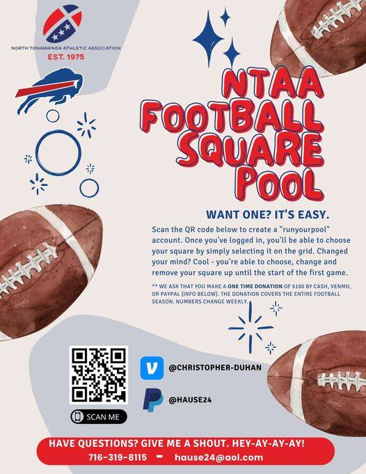 NTAASports's tweet photo. This is the last week to get in on the Football squares! Click the link below, register, and select what spots you want. Get in on an awesome opportunity to win!!

https://t.co/9mDvWD9Qje https://t.co/QC62eKe1B2