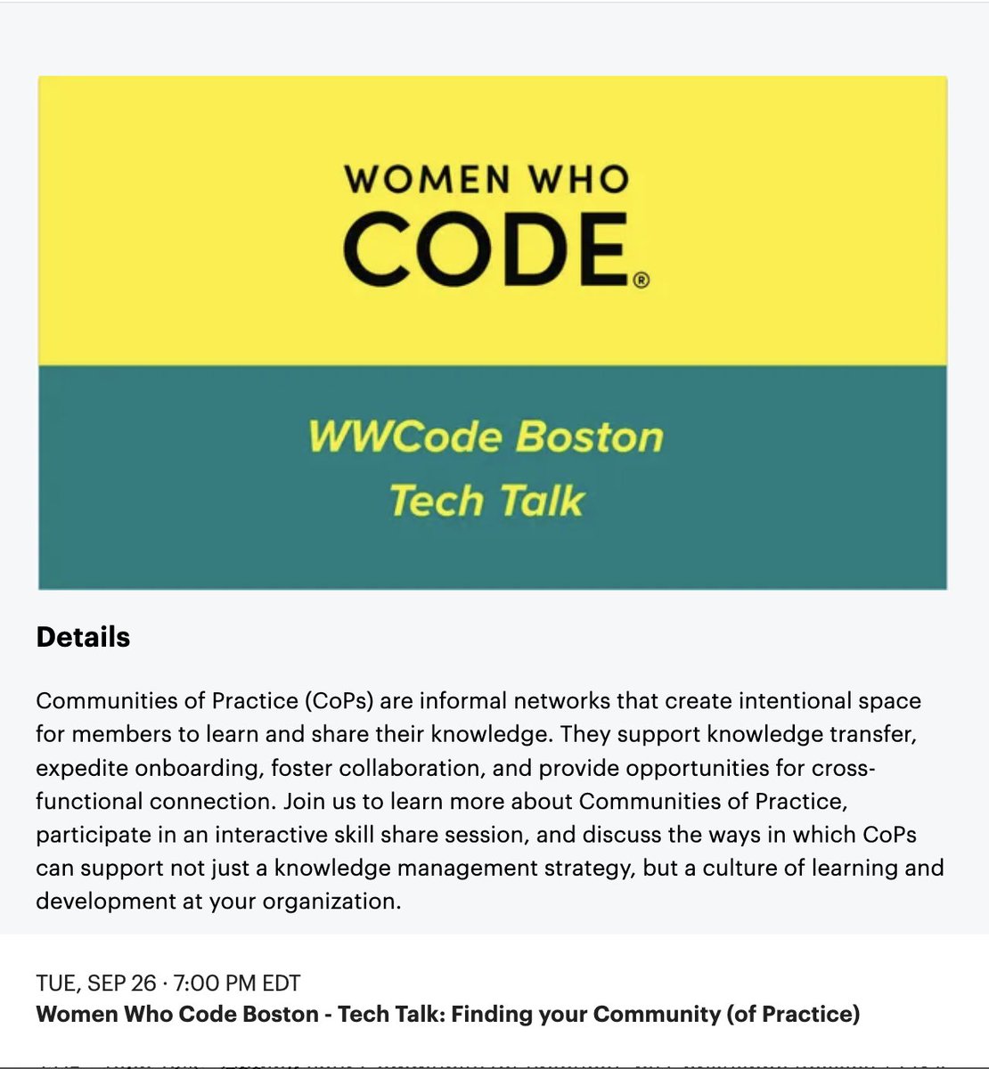 Women Who Code Boston - Tech Talk: Finding your Community (of Practice)

meetup.com/women-who-code…

#WomenWhoCode #womenintech #womenintechnology #WomenInSTEM