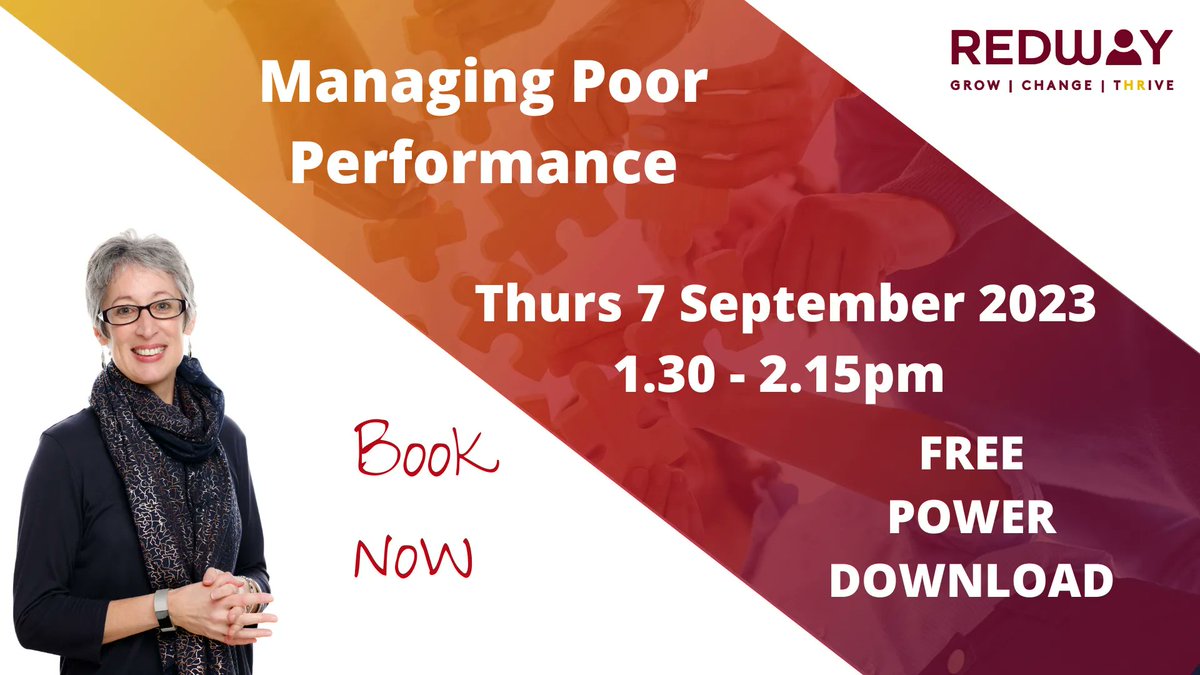 RedwayHR's tweet image. Join us for our next FREE Power Download - Managing Poor Performance
Thursday 7 September 2023 (1.30-2.15pm)
More details and booking: buff.ly/45OdPXI 
#training #managingpoorperformance #performancemanagement #freetraining #webinar #HRsupport #HRexpert