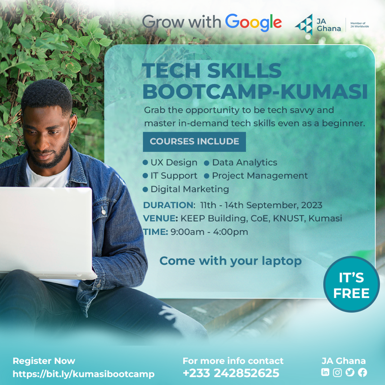 ja_ghana's tweet image. Kumasi, get ready! 

Join us for the @gwgafrica BootCamp. Register now via the link [bit.ly/kumasibootcamp]. Our goal is to help people acquire the necessary skills to find jobs, advance their careers, and grow their businesses.

#JAGhana #WorkReadiness #InspireYouth #GWG