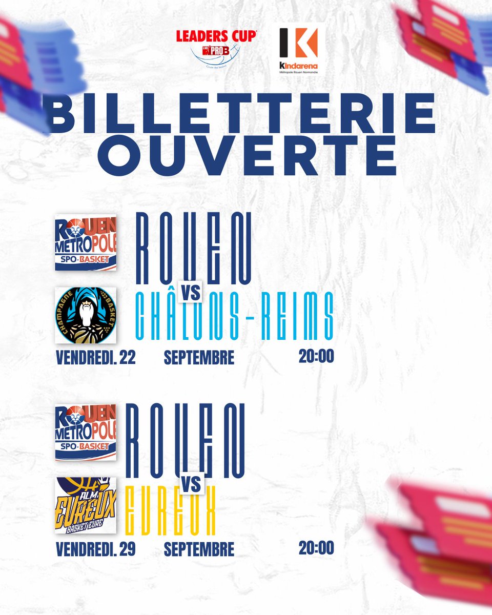 Rouen MΓ©tropole Basket (@rouenmbasket) on Twitter photo La billetterie est ouverte !!ποΈ
Vous pouvez dès à présent réserver votre place pour nos deux matchs de Leaders Cup !
- Ven 22 sept vs <a href="/ChampBasketOff/">Champagne Basket π§ββοΈ</a> : ibit.ly/ykEdiπ
- Ven 29 sept vs <a href="/ALMEvreux/">πππ ππ©π₯ππ¨π«</a> : ibit.ly/8IH20π
Les matchs dΓ©buteront cette saison Γ 20h00 La billetterie est ouverte !!ποΈ
Vous pouvez dès à présent réserver votre place pour nos deux matchs de Leaders Cup !
- Ven 22 sept vs <a href="/ChampBasketOff/">Champagne Basket π§ββοΈ</a> : ibit.ly/ykEdiπ
- Ven 29 sept vs <a href="/ALMEvreux/">πππ ππ©π₯ππ¨π«</a> : ibit.ly/8IH20π
Les matchs dΓ©buteront cette saison Γ 20h00