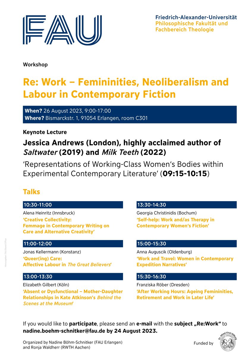 It was a privilege to speak about representations of working-class women's bodies within neoliberalism & the experimental novel at FAU earlier this month. Thank you to the v brilliant @BohmSchnitker @gdchristinidis Ronja Waldherr, Alena Heinritz & Anna Auguscik 🌟