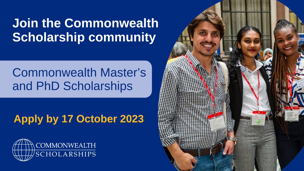 📢 Applications for #Commonwealth Master's and PhD Scholarships are open!

Join the Commonwealth Scholarship community with a fully funded postgraduate degree from a UK university starting in 2024.

Apply by 17 October ➡️ bit.ly/3M8jeAN