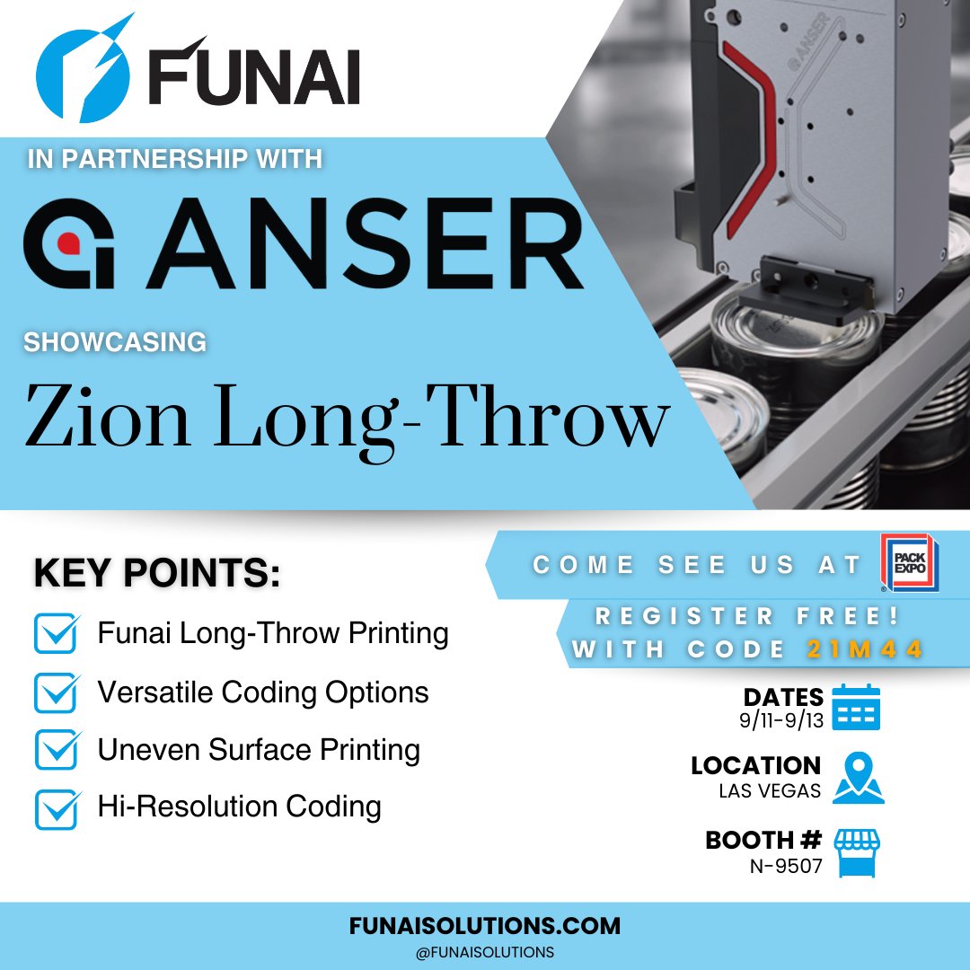 FunaiSolutions's tweet image. Uncover the exciting collaboration of Funai and ANSER CODING at #PackExpo2023 (PART 2). Explore their groundbreaking use of Funai&apos;s Zion Long-Throw Cartridge. 
Don&apos;t miss out on the chance to experience what we can do together with ANSER! 👀
#PoweredByFunai #ANSERCODING