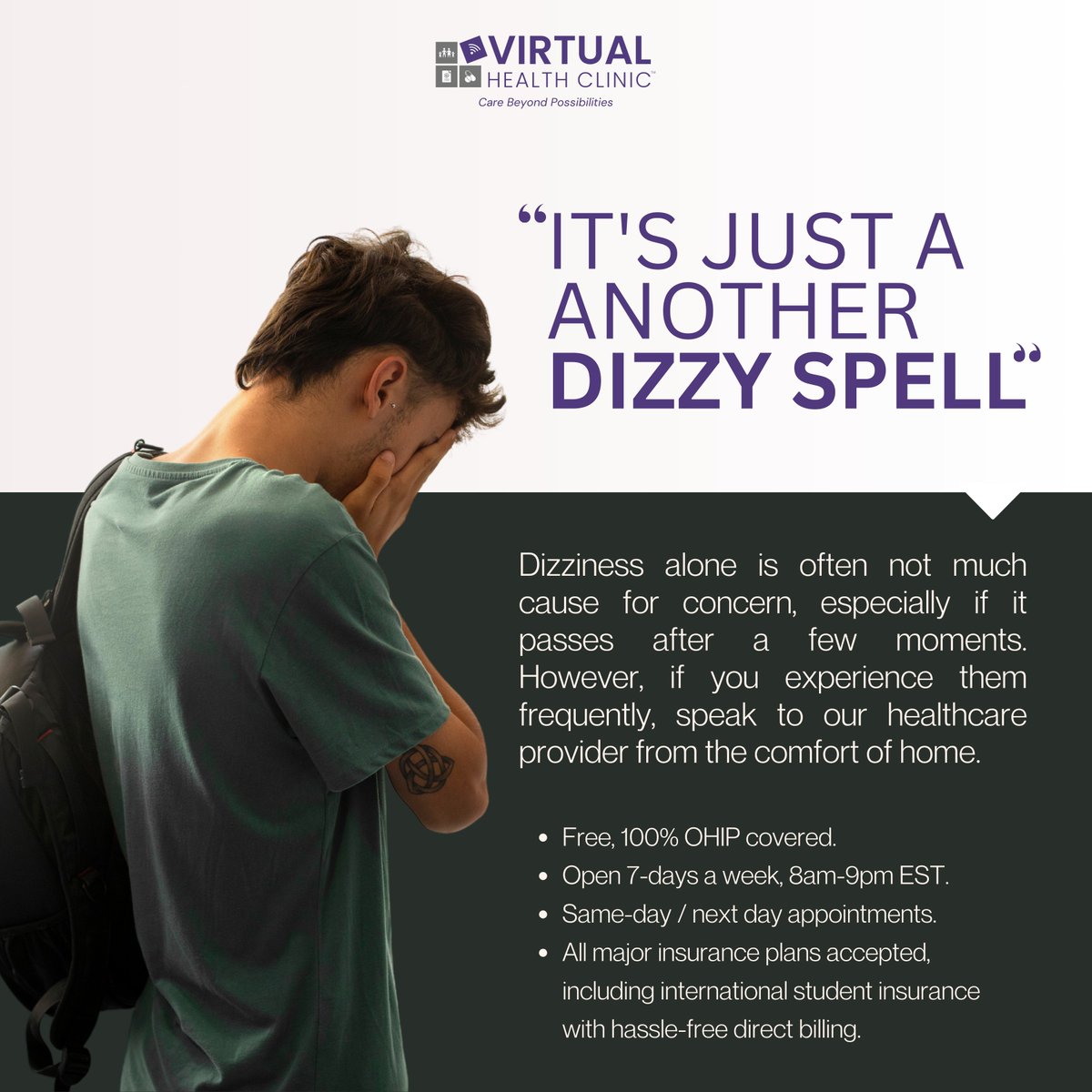 MyVirtualCare's tweet photo. Dizziness alone is often not much cause for concern, especially if it passes after a few moments. However, if you experience them frequently, speak to our healthcare provider from the comfort of home.

Virtual Health Clinic™
844-222-7200
https://t.co/ylv0XoZOil https://t.co/sTl4HVJzfC