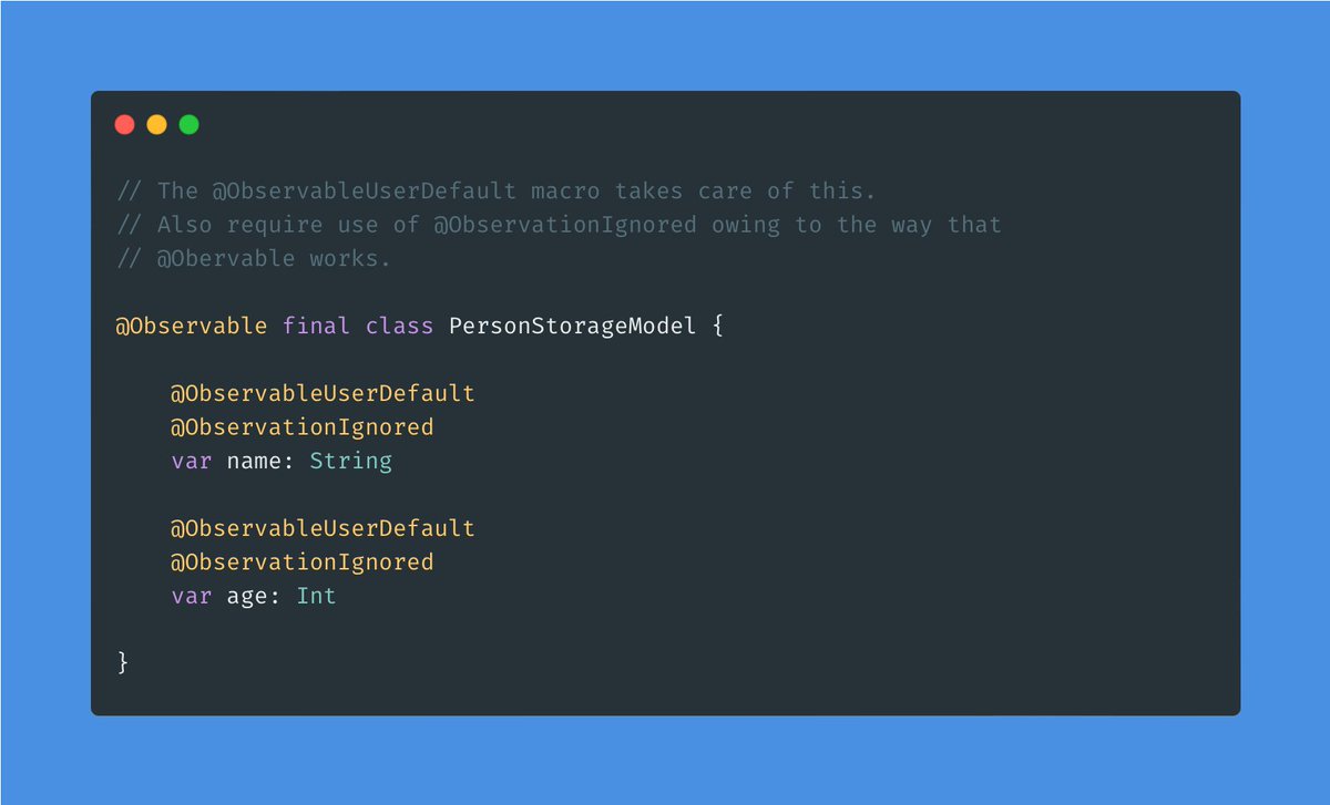 dsteppenbeck's tweet photo. A while back I updated my storage model from ObservableObject to use the new @Observable macro.

However, it meant getting rid of all @AppStorage declarations for values stored in UserDefaults and replacing them with code like this:

var name: String {
    get {
        access(keyPath: \.name)
        return name
    }
    set {
        withMutation(keyPath: \.name) {
            name = newValue
        }
    }
}

This led to a lot of tedious boilerplate code, since I had almost 20 settings like this. So, I thought, this is a perfect use case for a Swift macro!

Well, it was not as simple as I first thought it would be, the use of @Observable on the class made things complicated, since that macro essentially turns "stored" properties into computed ones by inserting getters and setters in property accessor blocks. That was conflicting with my own macro which also had to inject getters and setters.

I had almost gave up trying to get this working when I decided to take one more look at how @Observable works, and realized the key to the solution is to apply @ObservationIgnored on the var, which basically prevents @Observable doing its thing on that property, i.e., no more conflicting macros.

So, we can replace the boilerplate like so (see the Github link in next post):

@ObservableUserDefault
@ObservationIgnored
var name: String

On expansion of the @ObservableUserDefault macro, you see the getter and setter shown above.

The macro is somewhat limited at the moment, since it relies on static properties within UserDefaults, for example, there must be a property https://t.co/967xNB3FDL for the code above to work.

I'm trying to make a more flexible solution so that keys and default values can be passed in to the macro so that the code like below could also work:

UserDefaults.standard.value(forKey: key) etc.

It's a little difficult though because the default value needs to be a generic and mixing that with macros is not easy.