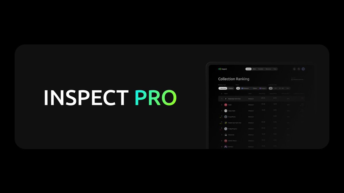 inspectxyz's tweet photo. Product Feature #6: Inspect Pro.

As Inspect 2.0 is on the horizon, we’ll add a new page to our story: a subscription model. 

While our free offering remains, we’ll roll out an advanced version of our analytics at inspect. https://t.co/B3aSSC6CBb