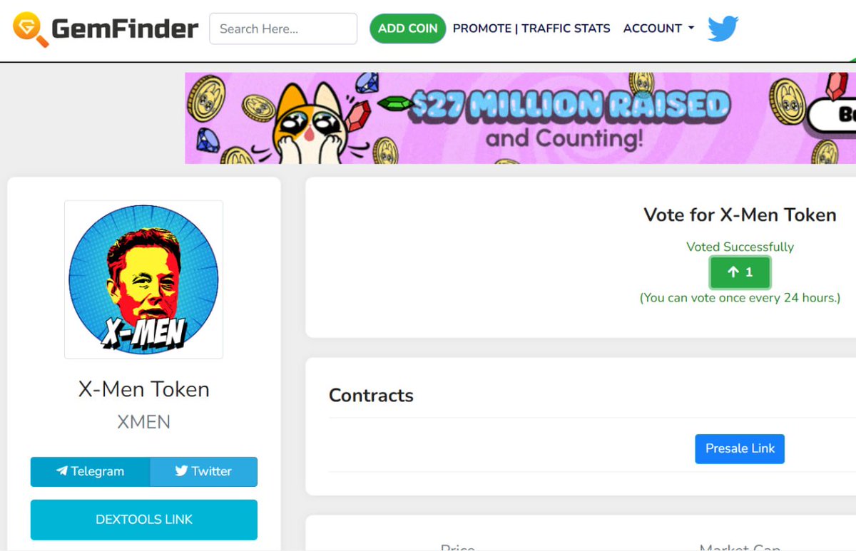 🆘 Vote for X-MEN on GemFinder! 🆘

With the help of such platforms we will be able to reach a larger audience and attract more investors! Every vote counts for X-MEN!

➡️ Vote here: gemfinder.cc/gem/16318

#XMENETH #XMEN