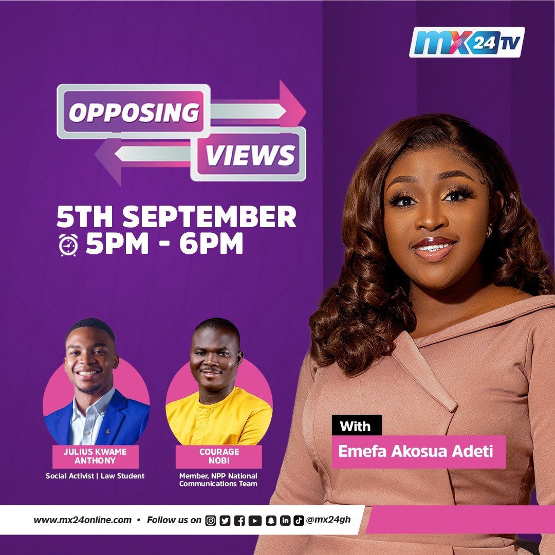 mx24gh's tweet photo. On #Opposingviews tonight, @Emefa_Adeti and guests @couragenobi @fatheranthoni discuss alleged audio tape to oust IGP, John Mahama comments on Judiciary and #OccupyBoG. 

Tune in at 5pm. 

#mx24gh #funfearlessfactual #OpposingViews #OpposingViewsonMX24 https://t.co/lvgKHuLdhY