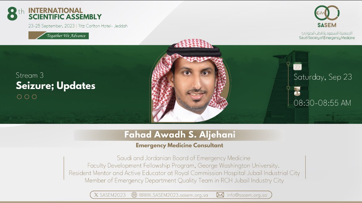 @sho0sho04 <a href="/SaudiEmergency/">SASEM</a> <a href="/bakhribah/">Ahmed Bakhribah</a> <a href="/MazenAlQasmi/">Malqasmi</a> <a href="/alhelail/">Dr Mohammed Alhelail د. محمد الهليل</a> <a href="/dramwaz/">Dr. Ahmad Wazzan</a> @AbdulatifGari <a href="/MoJamal88/">Mohamad Jamal</a> <a href="/RBuhumaid/">Rasha Buhumaid</a> <a href="/Kay_Babkair/">K a y B a b k a i r</a> 🚨🚨

How many time have you heard that your “Patient is seizing!”? 

Need to know the updates of seizure with Dr . Fahad Aljehani 
<a href="/DrAljuhani/">د.فهد الجهني | DR.Fahad</a> 

Presenting: Seizures, Updates 

🚨🚨