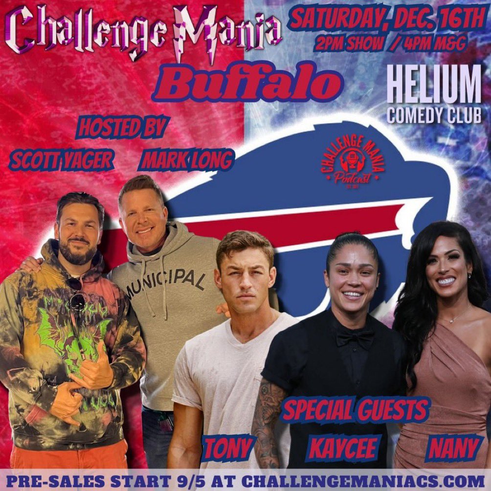 BUFFALO, NY! DECEMBER 16TH! Challenge Mania LIVE is bringing tables! @heliumcomedybuf! 💥🦬 - PATRON PRE-SALES START TODAY! 9/5-Diesel Level Patrons at ChallengeManiacs.com 💥🦬 - 9/6-All Level Patrons at ChallengeManiacs.com💥🦬 - 9/7-Everyone at ChallengeMania.LIVE