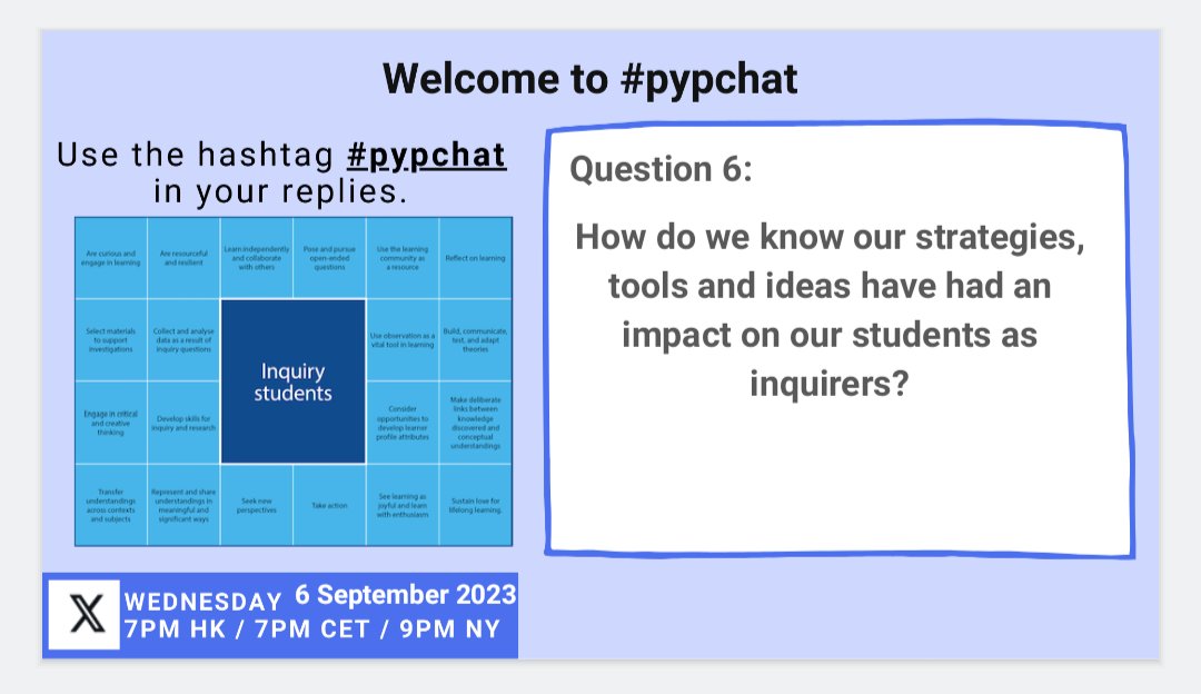 Last question for the day! How would you know the strategies, tools and ideas have had an long term impact on your students as #inquirers ? #pypchat #inquiry @Shailjajdatt @Heena_teacher @GandhiHarsha1 @DonnaMathew22 @VidhyaG12 @dhatravada @devika