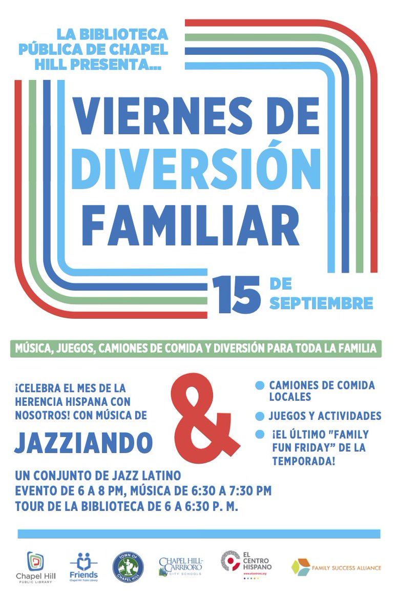 CHCCS Equity and Engagement Office (@chccsequity) on Twitter photo ¡Unete con nosotros el 15 de septiembre para iniciar el Mes de la Herencia Hispana Latinx/e en la biblioteca de <a href="/chpublib/">Chapel Hill Public Library</a>! Habrá juegos, arte, música, camiones de comida y un recorrido por la biblioteca en español. ¡Espero que puedas venir! ¡Unete con nosotros el 15 de septiembre para iniciar el Mes de la Herencia Hispana Latinx/e en la biblioteca de <a href="/chpublib/">Chapel Hill Public Library</a>! Habrá juegos, arte, música, camiones de comida y un recorrido por la biblioteca en español. ¡Espero que puedas venir!
