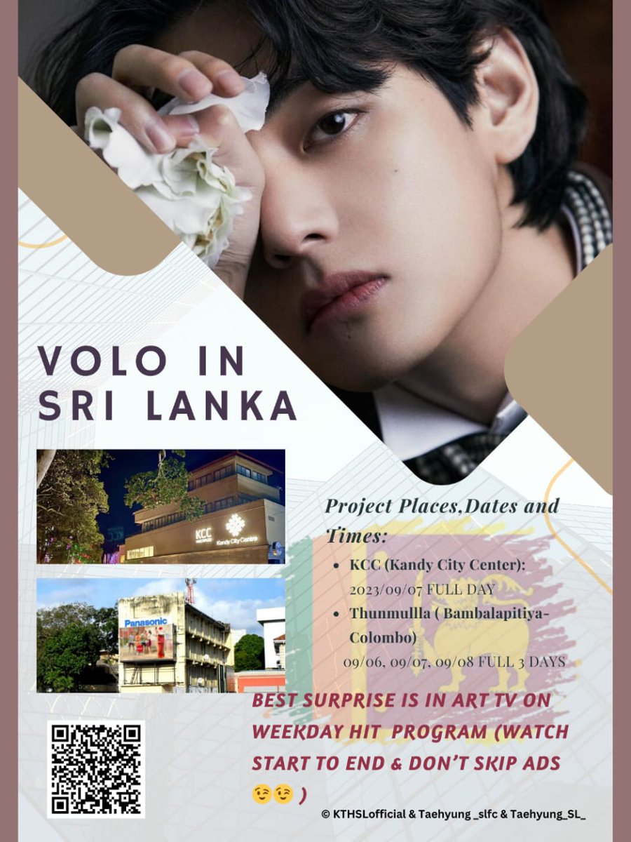 Taehyung_SL_'s tweet photo. LayoVer Promotion in Sri Lanka 🇱🇰🔥

LED Ads 💜

Places: 
1.KCC
📆 Date: 09/07 - FULL DAY
2. Thunmulla (Colombo 5)
📆 Dates: 09/06, 09/07, 09/08 (FULL 3 Days)

SPECIAL TV PROGRAM 😉

°Weekday hits program on ART TV on September 7th. DON'T SKIP THE AD. WE HAVE A SPECIAL GIFT 🎁🎁 https://t.co/7OVjBO3xIG