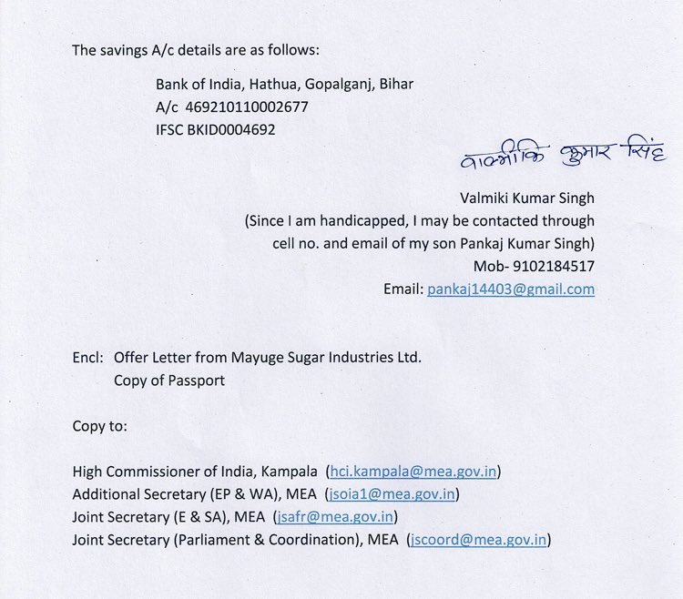 Hitaishi4you's tweet photo. @IndiainUganda is humbly requested to  take up case of Balmiki Singh with Ugandan Co. Mayuge Sugar Industries Ltd. run by Indians. Balmiki suffered industrial accident following that co. disowned-did not paid salary other entitlements @SecretaryCPVOIA @VMuraleedharan @meaMADAD https://t.co/mQEtd5mPrp