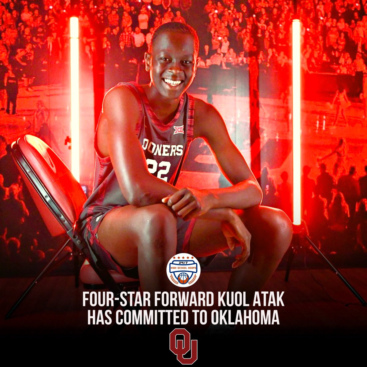 2024 4⭐️ Kuol Atak has committed to Oklahoma and Porter Moser, he announced.

Atak is a 6-9 forward who can really shoot the ball.  Has a versatile skill set for his size and is a solid defender on the other end.

He chose the Sooners over TCU, Texas, SMU, Oklahoma State and San