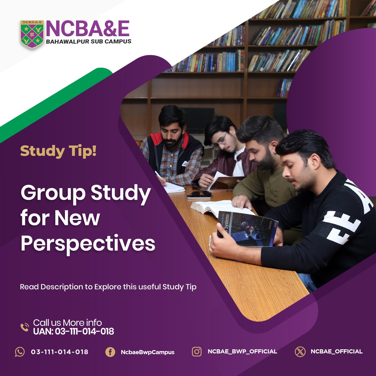 Engage in group study to gain new perspectives and reinforce learning. Choose serious study partners and make the most of it! 👩‍🎓👨‍🎓 #StudyTipsWednesday #GroupStudy #LearnTogether #NCBAEUniversity
