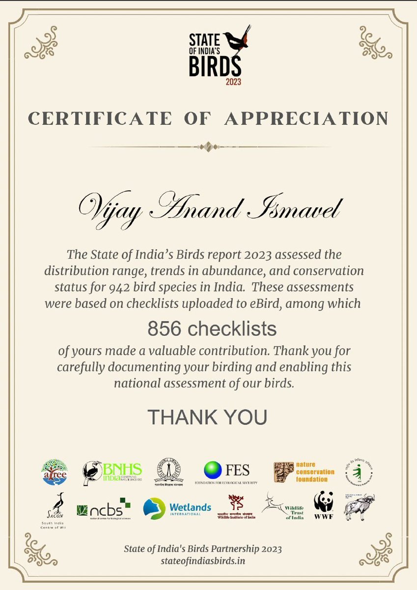 Vijay Anand Ismavel (@ivijayanand) on Twitter photo Nice to receive this certificate from <a href="/SoIB_India/">State of India's Birds</a> - most of my eBird checklists were generated from bulk uploads from iNaturalist. Nice to receive this certificate from <a href="/SoIB_India/">State of India's Birds</a> - most of my eBird checklists were generated from bulk uploads from iNaturalist.