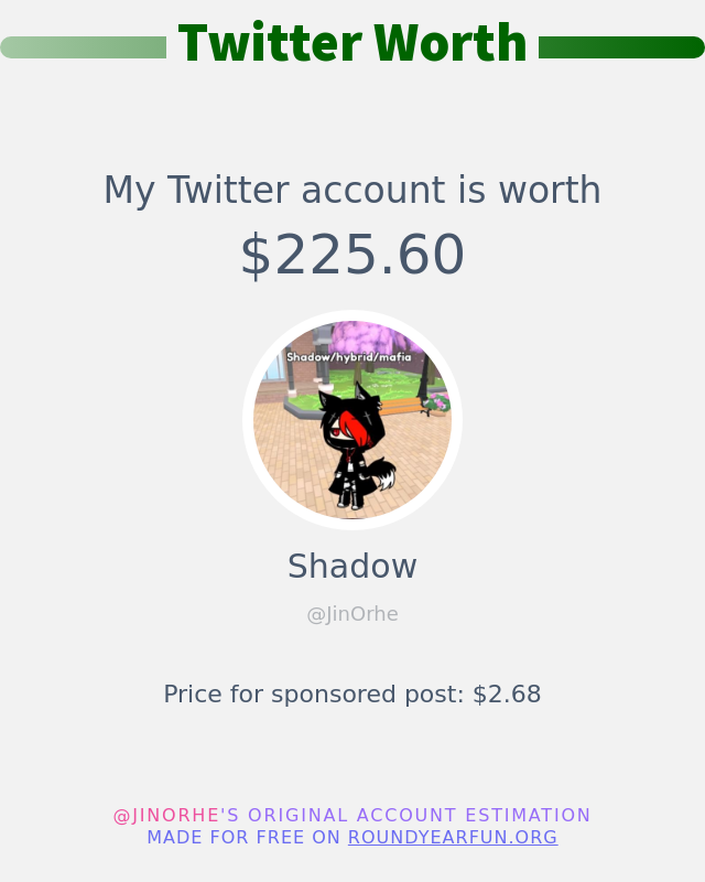 JinOrhe's tweet photo. My Twitter worth is: $225.60

➡️ https://t.co/2L06rGDho0 https://t.co/l8bKZlyhmr