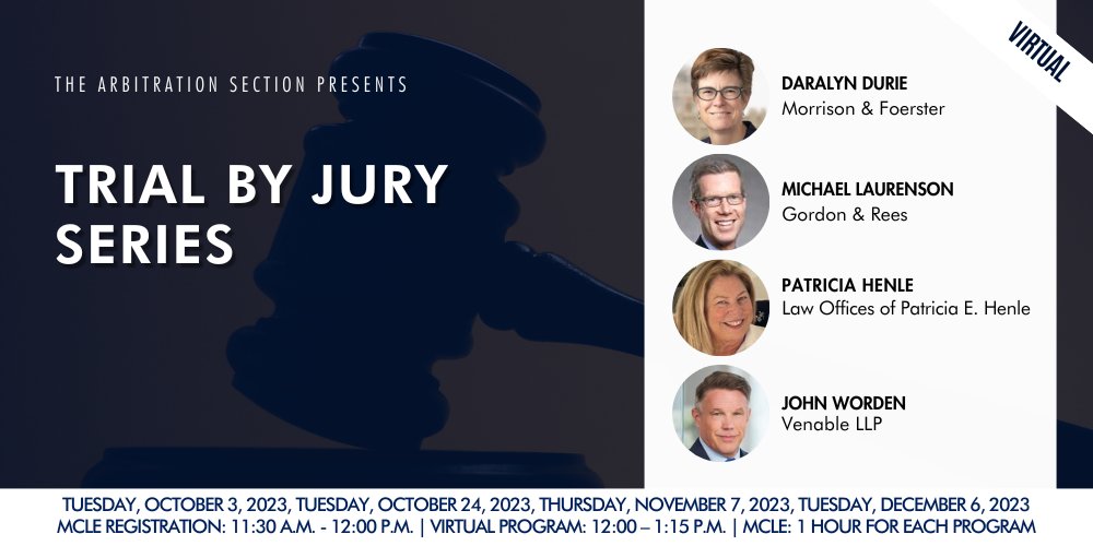 sfbar's tweet photo. Four accomplished Bay Area trial lawyers will provide instruction on each of these facets of jury trials. This program is designed for junior lawyers seeking trial experience &amp; seasoned courtroom advocates. Join us NEXT WEEK for Jury Selection! https://t.co/C6Ry4dfc41 https://t.co/TYJtsvWcOM