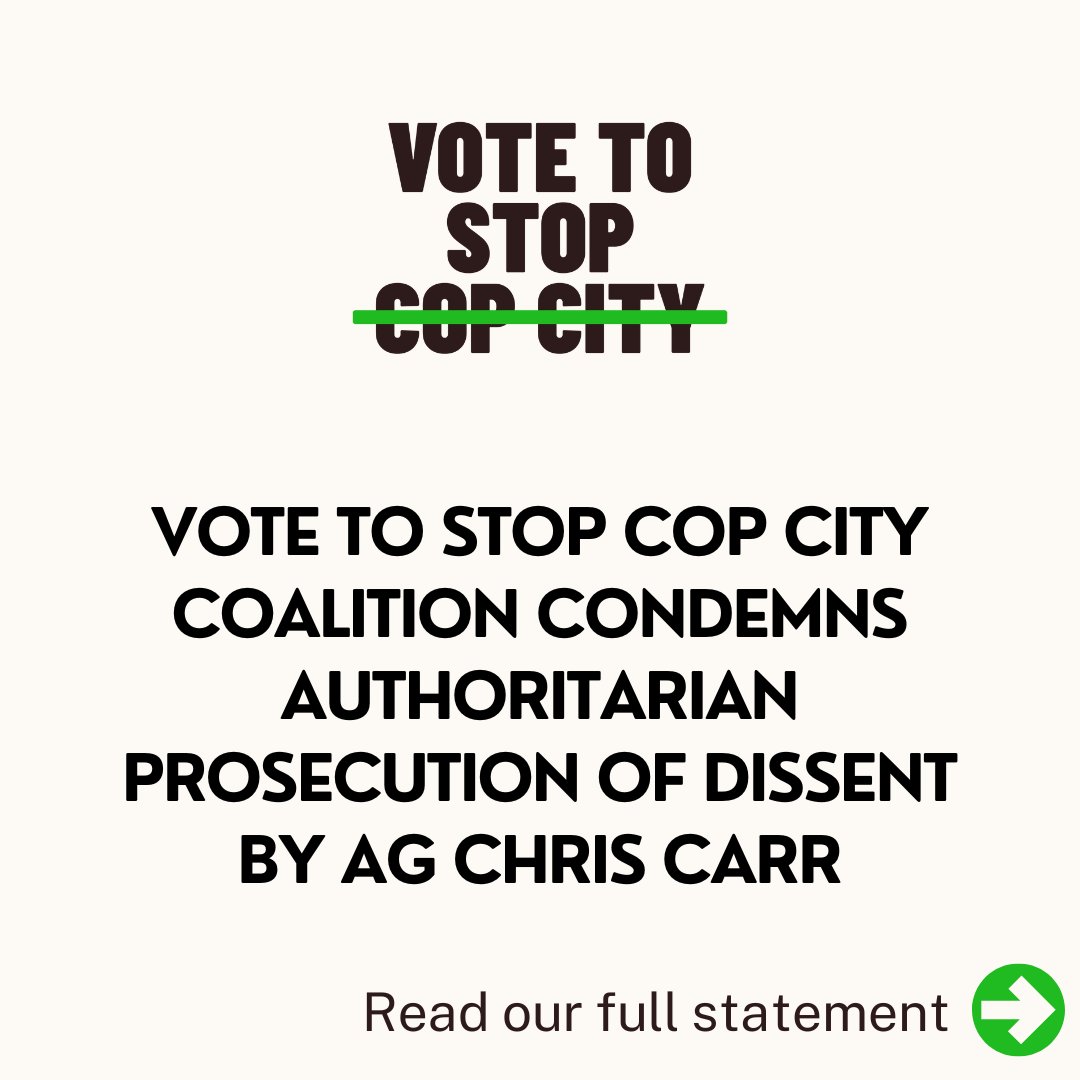 Vote to stop cop city Coalition Condemns Authoritarian Prosecution Of Dissent By Ag Chris Carr. Read our full statement: