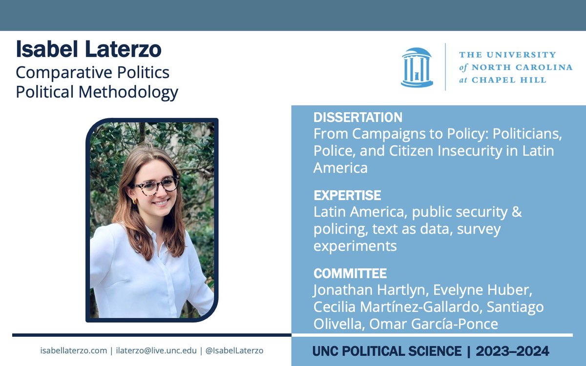 In her dissertation, @IsabelLaterzo examines how political actors conceptualize, propose, and pursue public security agendas. She leverages an original corpus of campaign proposals, admin data, and > 100 expert interviews conducted via 7 months of fieldwork in Brazil. #PSJMInfo