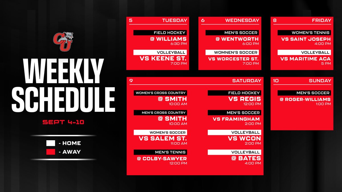This Week in Clark Athletics: September 4 - September 10

Home Openers for VB, WTEN, Season Opener for MTEN, also FH, MSOC, WSOC, XC contests this week!

📰 bit.ly/3R5gAjh

#RollCougs