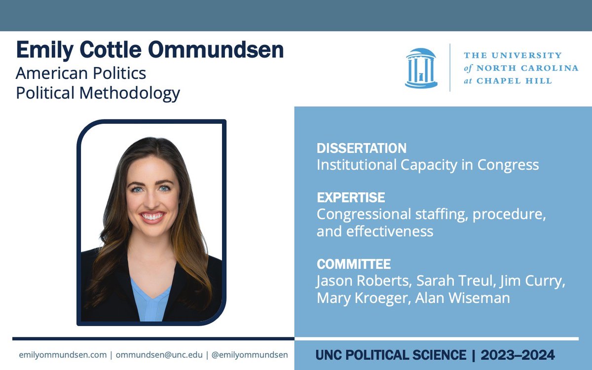 @EmilyOmmundsen studies Congress, staffing, and institutional capacity. In her dissertation and published work, she evaluates the choices members make regarding their institutional resources and the consequences of such choices on congressional representation #PSJMInfo