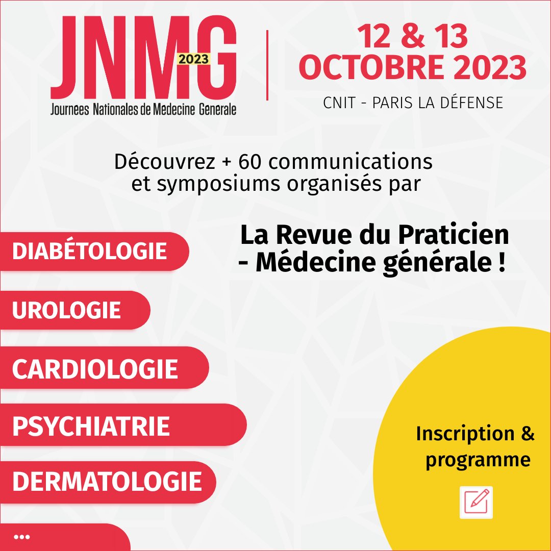 Venez découvrir + de 60 communications et symposiums organisés par La @RevuePraticien  - Médecine générale lors des #JNMG2023 ! 📣

✅ Programme et inscription ici : Accueil | JNMG bit.ly/42PT6B0 

#médecinegénérale #santé #médecin #congrès #larevuedupraticien #paris