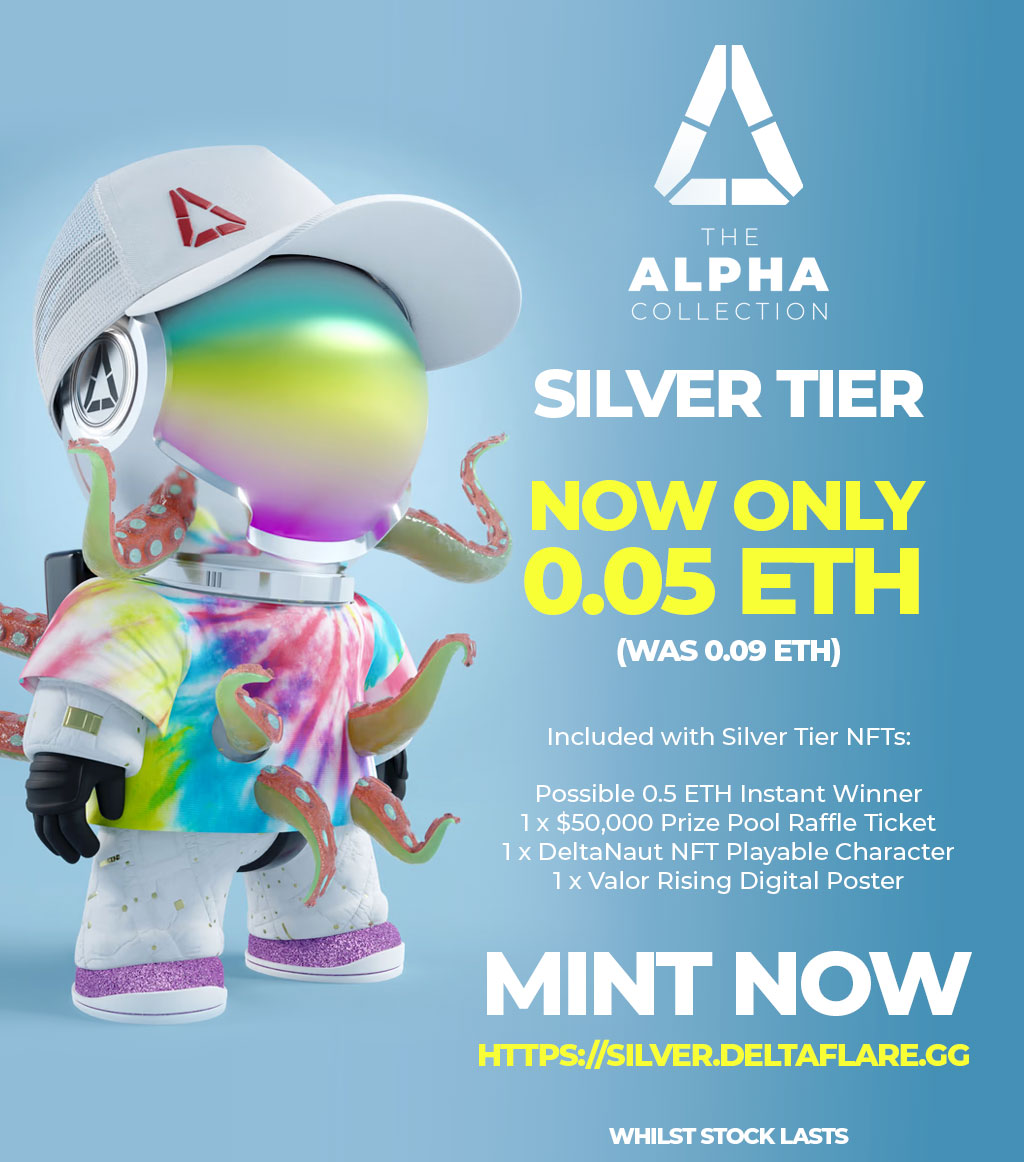 Did you know the Alpha collection by <a href="/Delta_Flare/">DeltaFlare LLC</a>  SILVER TIER (15% Minted) is at Discount is now at 0.05 ETH ,check it out
On the official link 
deltaflare.gg
#P2EGame #web3community
Included with Silver Tier #NFTs:
Possible 0.5 ETH Instant Winner
🔥🔥1 x $50,000 Prize