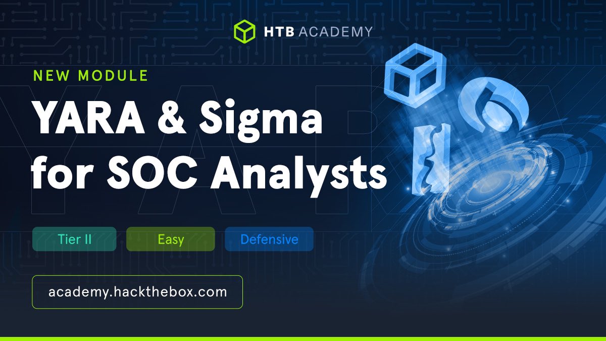 Module so sigma, it created a podcast 🎙️
This new #HTBAcademy module is here to introduce you to YARA and Sigma rules as total game-changers for #SOCAnalysts! 
✅ create #YARA rules and apply them to hunt threats on disk
✅ build #Sigma rules, translate them into SIEM queries,