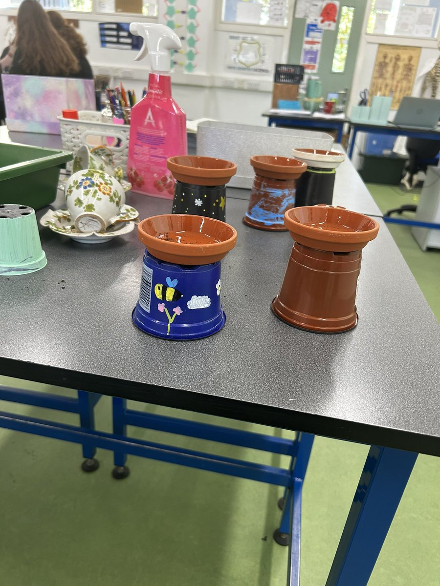 Much work happening today at Eco Club. Making tea cup bird feeders for our school garden and ‘bee baths’ for our new apiary 🐝 #ecoclub #greenflagaward