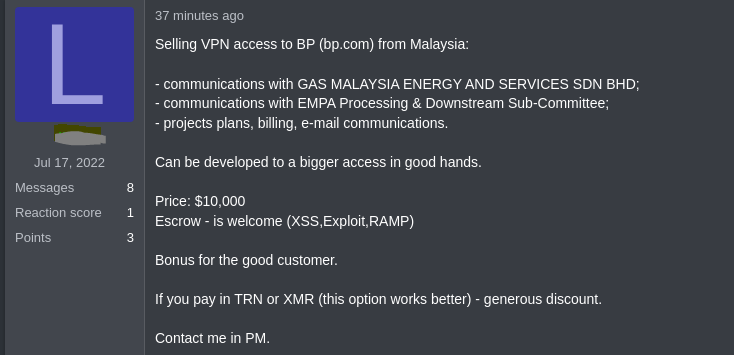A Threat Actor is Selling VPN access to BP (bp.com) Malaysia

<a href="/bp_UK/">bp United Kingdom</a> <a href="/bp_plc/">bp</a>