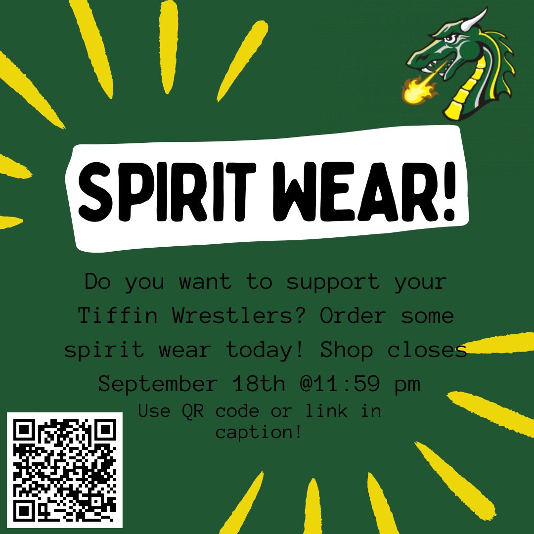TiffinWrestling's tweet photo. 2023-24 Spiritwear Shop is live! Shop is open until September 18th @11:59pm. Get your gear today! Go dragons! 🐉🐉🐉

Link to website: https://t.co/Hcb6d55RV7 https://t.co/Sz9ZHoFYTi