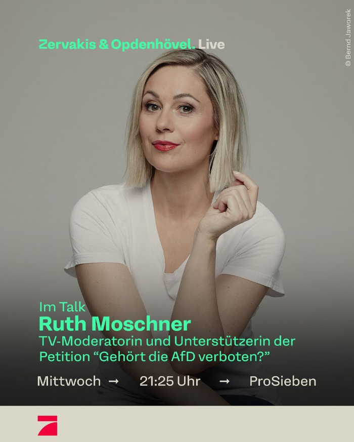 Volksverpetzer's tweet photo. Aufgepasst! Morgen um 21:25 spricht die gute @RuthMoschner mit @lindazervakis und @MOpdenhoevel bei @ProSieben über die #Volksverpetzer Petition "Gehört die AfD verboten?" Einschalten lohnt! 

Und wenn noch nicht geschehen: Teilen und Unterschreiben: https://t.co/zL7YNqWVl7 https://t.co/8TvUJwvvek